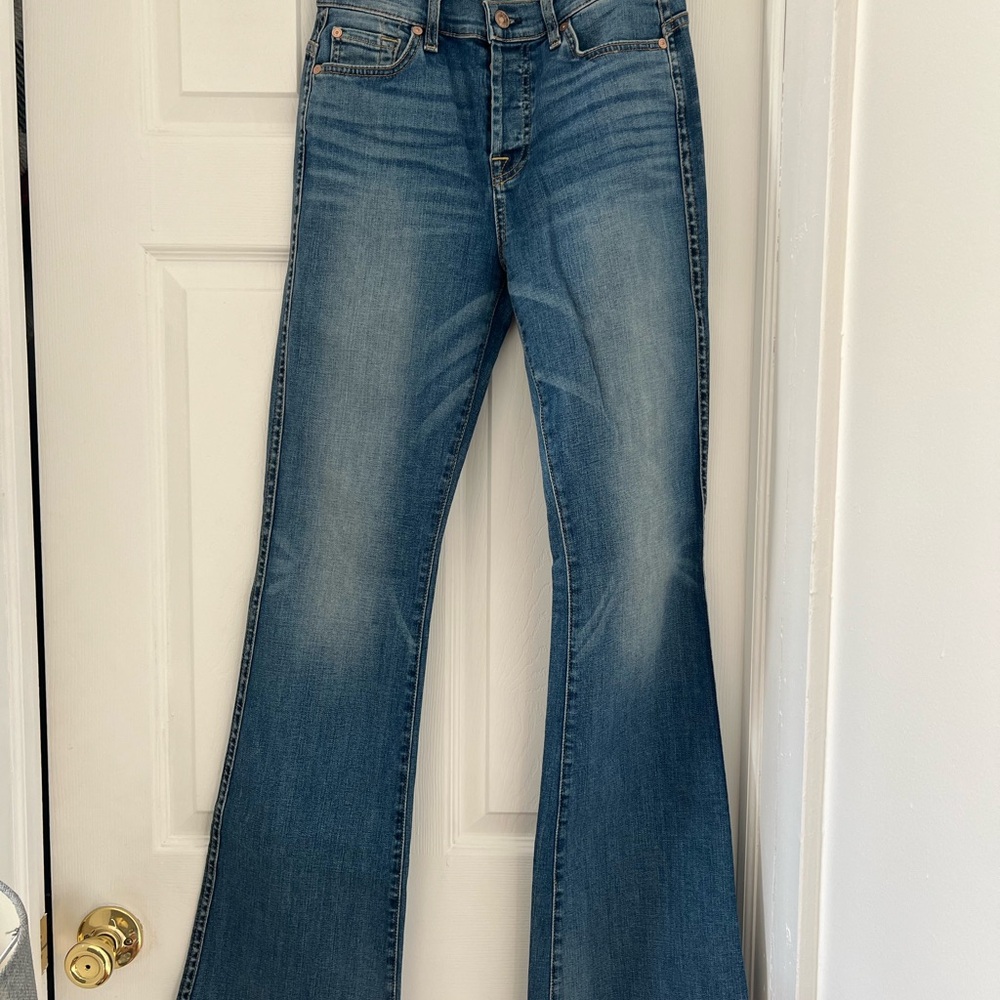 7 For All Mankind Medium Blue Flare High Waisted Jeans
